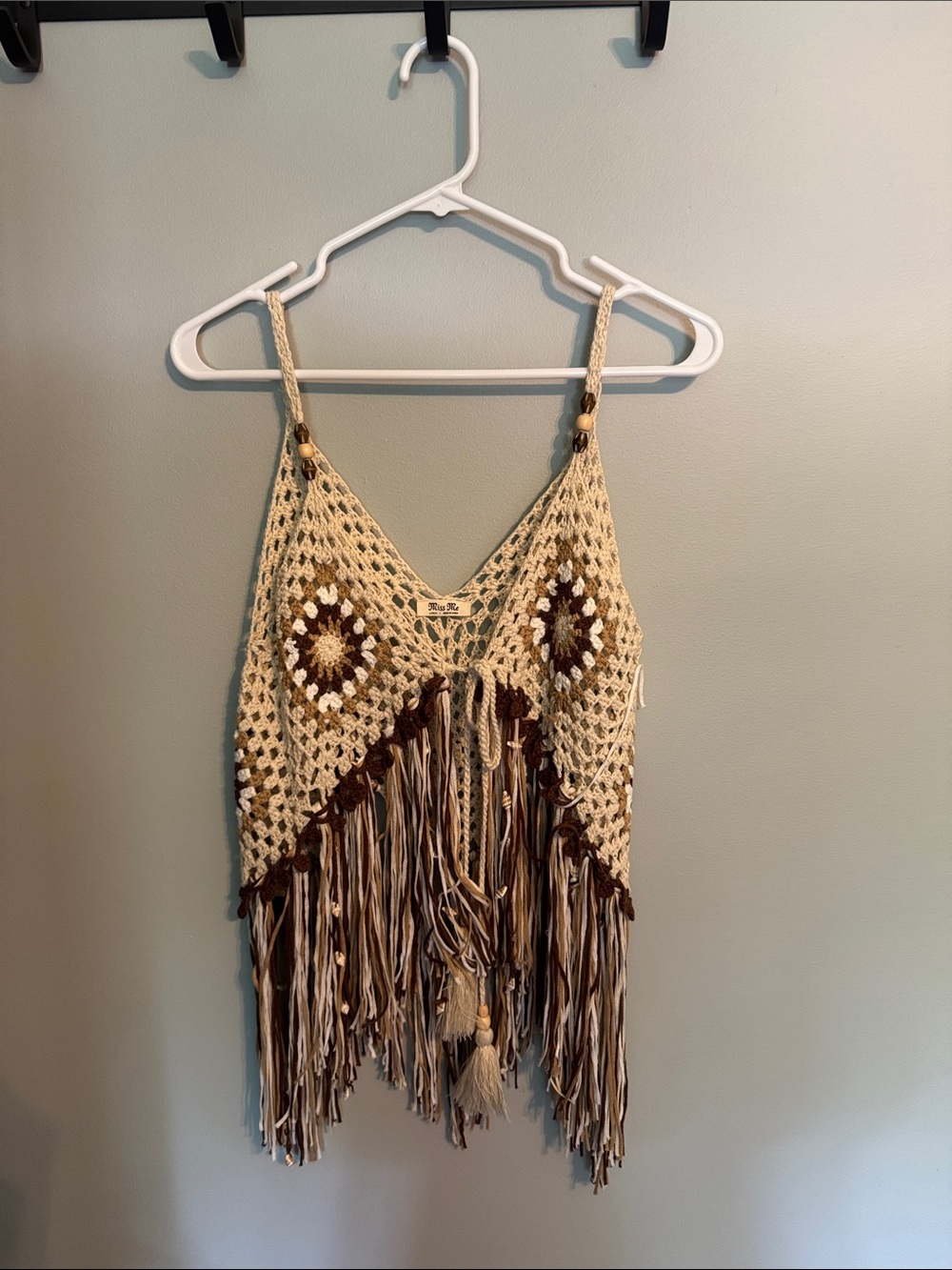 Crochet Fringe Festival Tank Top - Cream & Brown
